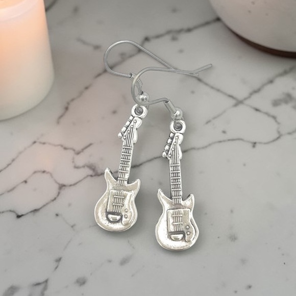 Handmade Jewelry - Silver Guitar Dangle Earrings | Music Lover Jewelry